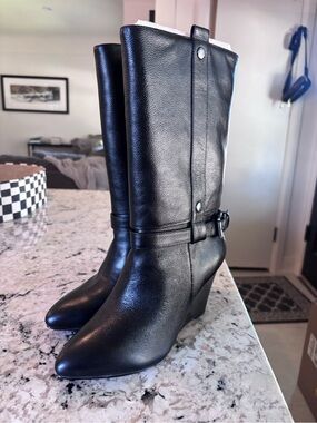 Paris Hilton Black Pointed Toe Wedge Mid-Calf Boots